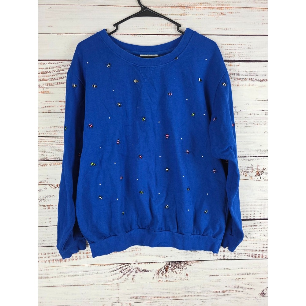 Vintage The Quacker Factory Bumble Bee Sweatshirt L Womens Blue Artsy Animal